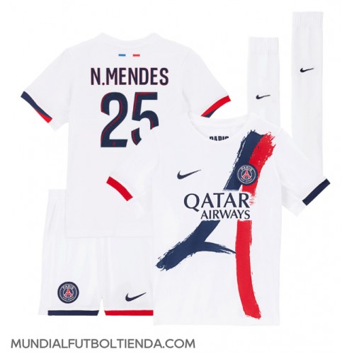 Camiseta Paris Saint-Germain Nuno Mendes #25 Segunda Equipación Replica 2024-25 para niños mangas cortas (+ Pantalones cortos)